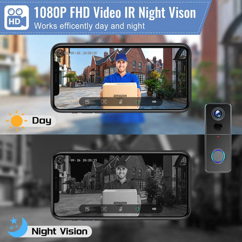 Wireless 1080P Video Doorbell with Chime shows day and night modes on smartphone screen.