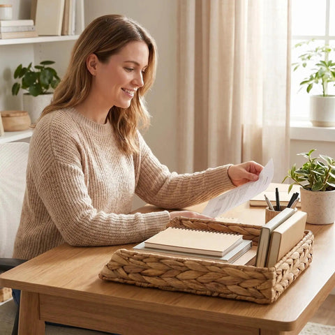 Water Hyacinth Paper Tray Organizer 3 Piece Desk Set For Home Office Open Front Mail Sorting Trays Active File Storage And Woven Basket
