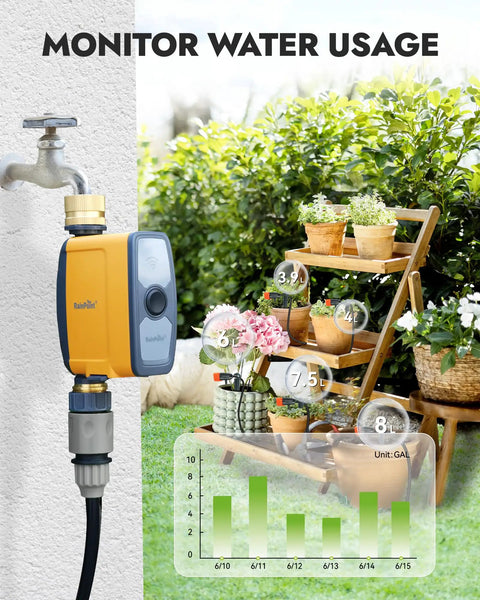 WiFi Water Timer For Garden Hose, Smart Hose Timer With App And Voice Control attached to outdoor faucet, brass inlet