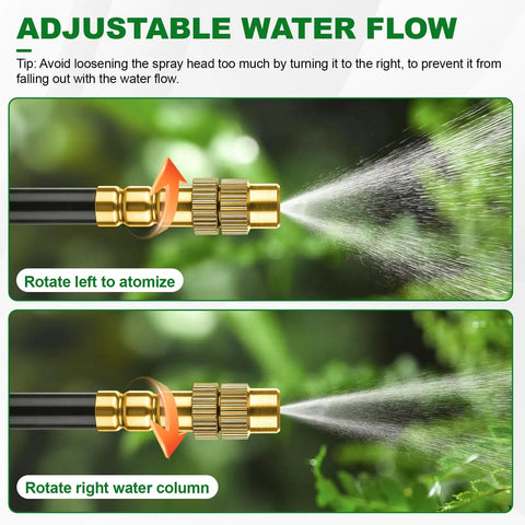 All In One Drip Irrigation Kit With 100 Foot One Quarter Inch Tubing And 30 Brass Nozzles, 360 Degree Adjustable Misting, nozzle adjustment diagram