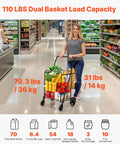 Woman using folding shopping cart with heavy duty metal frame, 110 lb load capacity in grocery store
