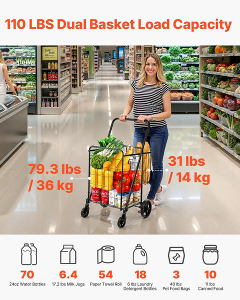 Woman using folding shopping cart with heavy duty metal frame, 110 lb load capacity in grocery store