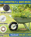 Flat Free 16 Inch Wheelbarrow Tire And Wheel Set Size 4.80 4.00 8 Solid Tire mounted on a wheelbarrow with plants