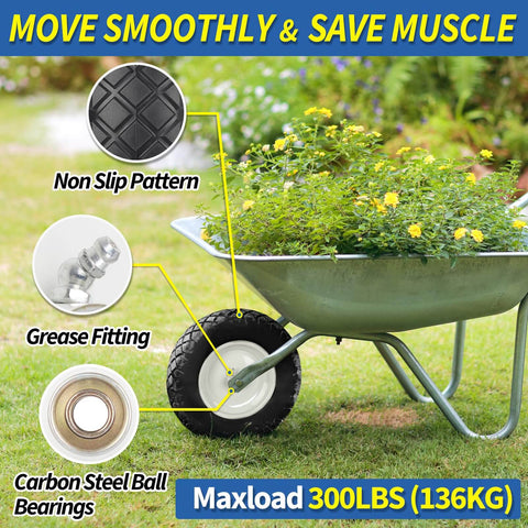 Flat Free 16 Inch Wheelbarrow Tire And Wheel Set Size 4.80 4.00 8 Solid Tire mounted on a wheelbarrow with plants