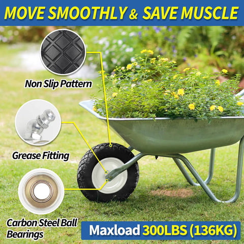 Hella Tough Flat Free Solid Wheelbarrow Tire And Wheel Combo 4.80/4.00-8 Inch close-up showing non-slip pattern and grease fitting.