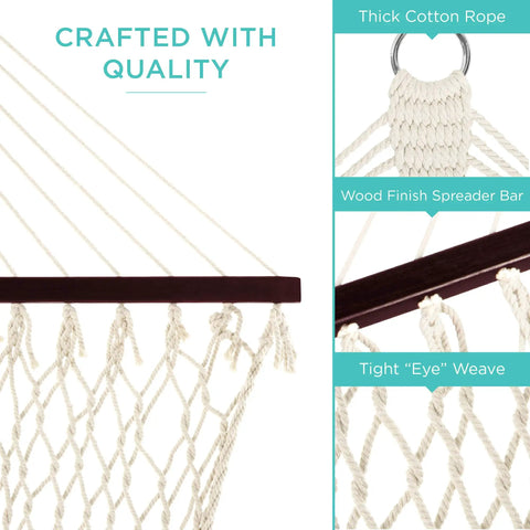 Two Person Outdoor Hammock With Spreader Bars And Cotton Rope showing thick cotton rope and wood finish spreader bar.