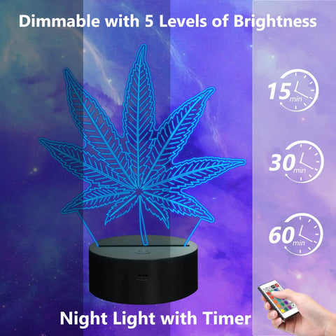 3D Illusion Night Light With Remote, 16 Color Changing LED Lamp For Table Desk And Bedroom Decor, displaying blue leaf design.