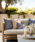 Azure Blue Hydrangea Block Print Throw Pillow Cover 20x20 Indoor Outdoor Water Repellent For Patio Backyard And Couch With Invisible Zipper And Linen Blend Cozy Vibe Finish on outdoor sofa