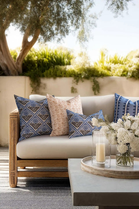 Azure Blue Hydrangea Block Print Throw Pillow Cover 20x20 Indoor Outdoor Water Repellent For Patio Backyard And Couch With Invisible Zipper And Linen Blend Cozy Vibe Finish on outdoor sofa