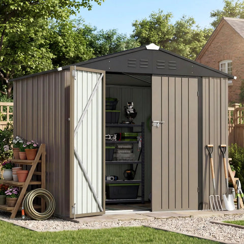 8x6 Ft Outdoor Storage Shed With Floor Frame, Sloped Roof Metal Tool Shed With Lockable Door in garden setting, brown