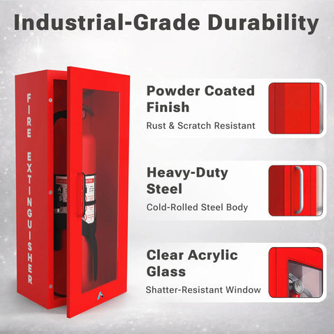 Red Steel Fire Extinguisher Cabinet With Quick Access Magnetic Door Wall Mount Kit Includes 3D Sign Tags Seals Turnkey Ready Fits 5 and 10 Pound Extinguishers 24.6 Inches High 10.6 Inches Wide 5.9 Inches Deep front view with open door and fire extinguisher inside, highlighting powder-coated finish and acrylic glass.