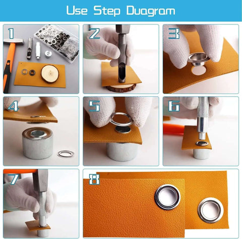 Step-by-step instructions for Heavy Duty Grommet Kit One Half Inch Grommets and Eyelets Set 100 Pieces with 3 Leather Punch Tools