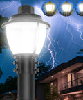 LED Post Top Light With Dusk To Dawn Photocell 5000K Daylight White outdoor fixture illuminating a yard during a storm