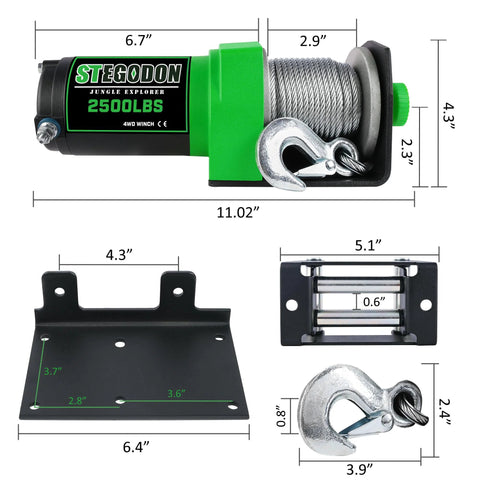 STEGODON 2500-lb ATV/UTV electric winch with 12V waterproof steel cable, wired and wireless remotes, mounting plate