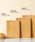Heavy Duty 3 Piece Bamboo Cutting Board Set With Wooden Stand For Everyday Kitchen Tasks showing small, medium, and large boards.