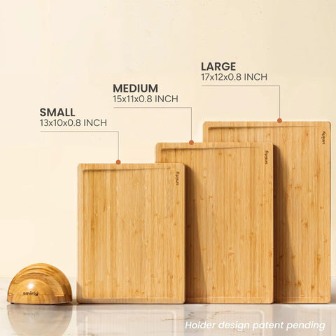 Heavy Duty 3 Piece Bamboo Cutting Board Set With Wooden Stand For Everyday Kitchen Tasks showing small, medium, and large boards.
