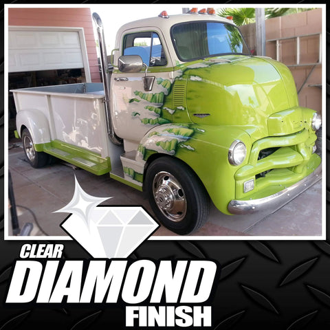 KBS Coatings DiamondFinish watercolor clear coat on lime-green vintage pickup with mountain airbrushing