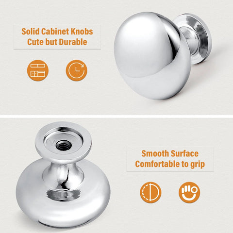 Polished Chrome Cabinet Knobs 5 Pack Round Furniture Knobs 1-3/16 Inch Diameter solid metal with smooth, comfortable grip surface