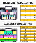 Big Ol Ultra Large Double Sided Battery Organizer Case With Tester And Handle Stores AA AAA C D 9V Lithium 18650 And More 262 Plus Capacity BT 168 Battery Checker Ideal For Home Garage Workshop Or Emergency Kits. Clear plastic organizer shown front and back
