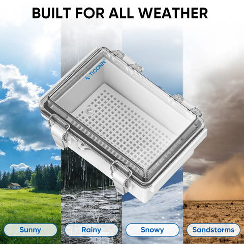 Rugged Outdoor Waterproof IP67 Electrical Box Enclosure With Hinged Cover ABS Plastic, weather resistance shown.