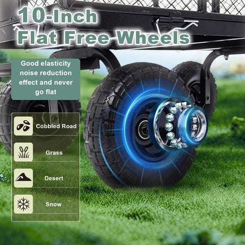 Close-up of the 10-inch solid wheel on the Beefy Heavy Duty Garden Wagon Cart With 880 Lb Capacity And All Terrain Solid Wheels 10 Inch Tires.