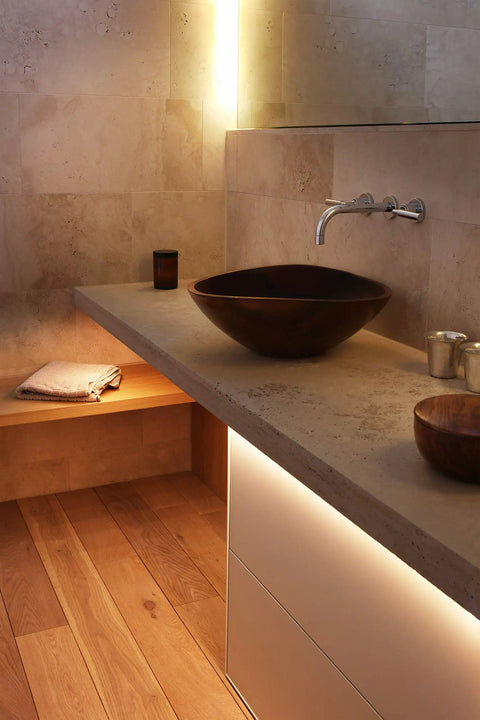 Smart LED Light Strip With Full Color Spectrum And White 1800 Lumens Adaptive Lighting Works With Siri And HomeKit installed in a bathroom