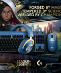 Sick League Of Legends Themed Mechanical Gaming Keyboard With Tactile Gx Switches And LightSync Rgb Lighting Featuring A Detachable Wired Cord And Dedicated Numeric Keypad For Dope Competitive Play, shown with mouse and headset.