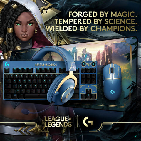 Sick League Of Legends Themed Mechanical Gaming Keyboard With Tactile Gx Switches And LightSync Rgb Lighting Featuring A Detachable Wired Cord And Dedicated Numeric Keypad For Dope Competitive Play, shown with mouse and headset.
