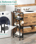 Go To Slim Four Tier Rolling Storage Cart For Narrow Spaces With Wood Top And Metal Handle Mobile Kitchen And Pantry Shelving Unit On Wheels For Small Kitchen Bathroom Laundry Room Space Saver next to laundry room sink