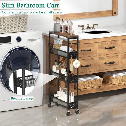 Go To Slim Four Tier Rolling Storage Cart For Narrow Spaces With Wood Top And Metal Handle Mobile Kitchen And Pantry Shelving Unit On Wheels For Small Kitchen Bathroom Laundry Room Space Saver next to laundry room sink