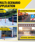 8 Pack 48 Inch Traffic Delineator Posts with Orange Reflective Collar used in roads, construction sites, warehouses, school entrances.