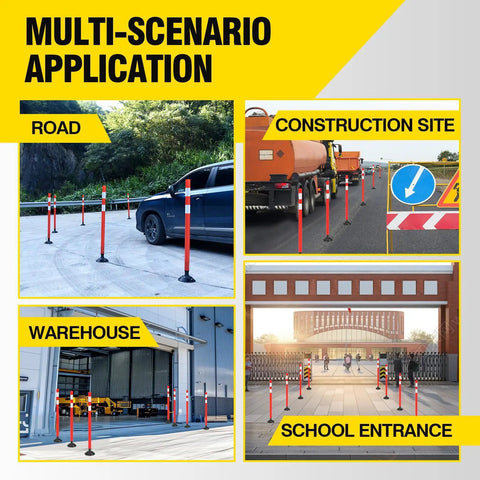 8 Pack 48 Inch Traffic Delineator Posts with Orange Reflective Collar used in roads, construction sites, warehouses, school entrances.