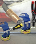 MIG Torch Holder With Strong Magnetic Base for Welding Gun Storage, featuring a blue metal holder with a screwdriver and pliers.