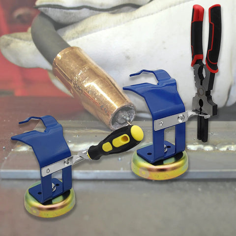 MIG Torch Holder With Strong Magnetic Base for Welding Gun Storage, featuring a blue metal holder with a screwdriver and pliers.