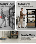 Image comparing a standing shelf and a rolling Heavy Duty 5 Tier Garage Shelving Unit Boltless Adjustable Metal Storage Rack 36.2 Inch Wide Standing Shelves For Garage Pantry Closet Or Office Black.