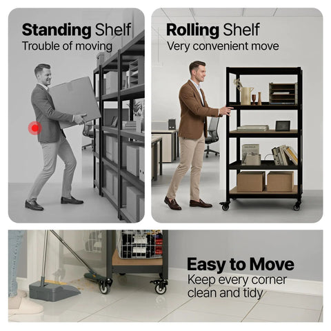 Image comparing a standing shelf and a rolling Heavy Duty 5 Tier Garage Shelving Unit Boltless Adjustable Metal Storage Rack 36.2 Inch Wide Standing Shelves For Garage Pantry Closet Or Office Black.
