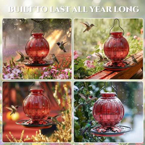 Glass Hummingbird Feeder 26 Oz With Perch And Five Flower Feeding Ports Leak Proof Outdoor Garden Hanging Nectar Bottle