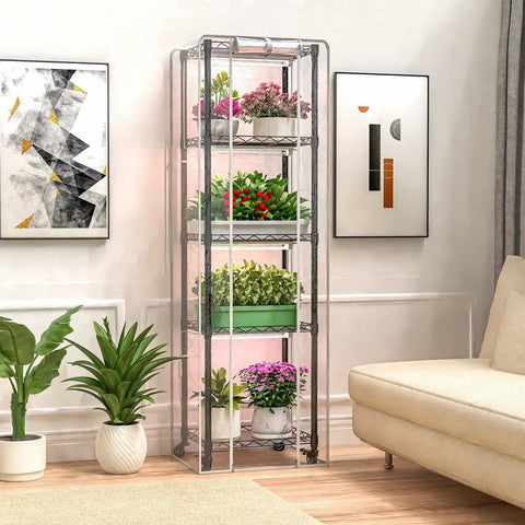 Indoor Grow Light Cabinet For Seed Starting With 40W Full Spectrum Lamps, 5 Tier Greenhouse Shelf next to plants in a living room.