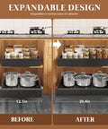 Before and after image of Four Piece Heavy Duty Pull Out Cabinet Organizers, 21 Inch Deep Roll Out Shelves With Raising Pads For Framed Cabinets.