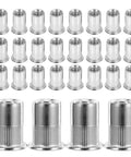 50 Pack M6 Stainless Steel Rivet Nuts Kit With Knurled Threaded Inserts And Flat Head For Vibration-Resistant Fastening, Rapid Assembly, Ideal For Furniture Repair And Thin Metal Sheets, shown in assorted sizes
