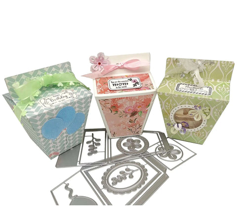 Three decorative gift boxes made using Milk Box Gift Box Die Cut Set For Paper Craft And Scrapbooking, with metal cutting dies shown.