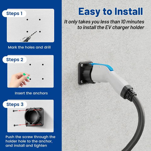 Step-by-step guide for installing Built Tough SAE J1772 EV Charger Holder And Nozzle Holster Dock on a wall.