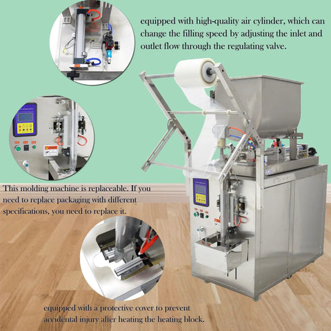 Heavy Duty Stainless Steel Automatic Liquids Filling And Sealer With Horizontal Mixing Hopper, equipped with air cylinder and protective cover.