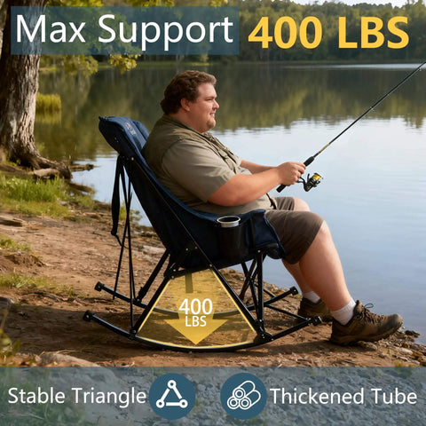 Man fishing in a Big And Tall Rocking Camping Chair With 400 Lb Capacity, Heavy Duty XL Folding Rocker For Adults by a lake