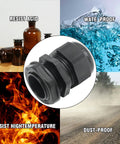 NPT Nylon Cable Gland Set IP68 Waterproof Adjustable 5 to 10mm Cable Diameter with 3/4 Inch Thread, showcasing resistance to elements.