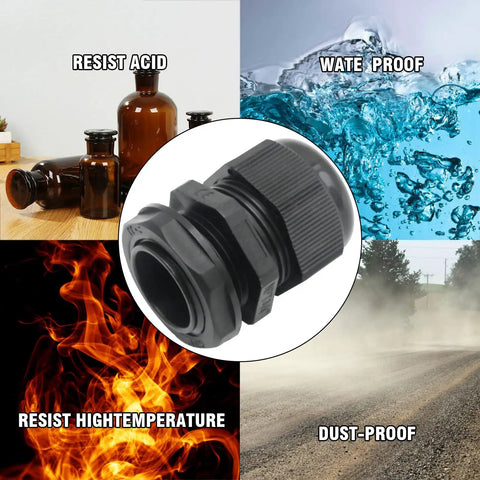 NPT Nylon Cable Gland Set IP68 Waterproof Adjustable 5 to 10mm Cable Diameter with 3/4 Inch Thread, showcasing resistance to elements.