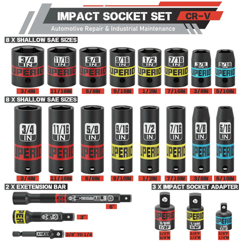 Knockout 50 Piece Impact Socket Set With 3/8 Inch Drive Sae And Metric Sizes Featuring Deep And Shallow Chrome Vanadium Sockets