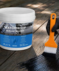 Big Time Roof Saver Black Waterproof Rubber Sealant For Flat And Metal Roofs With Flexible Crack Bridge being brushed on wood surface.