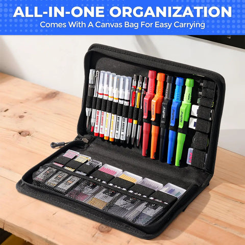 Kickass 44 Piece Carpentry Marking Kit With Heavy Duty Construction Pencils Long Nib Markers Mechanical Pencils showing organized tools in a canvas bag.