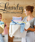 Woman and child with laundry baskets in front of "Laundry the never ending story" wall decal, black vinyl, home decor.